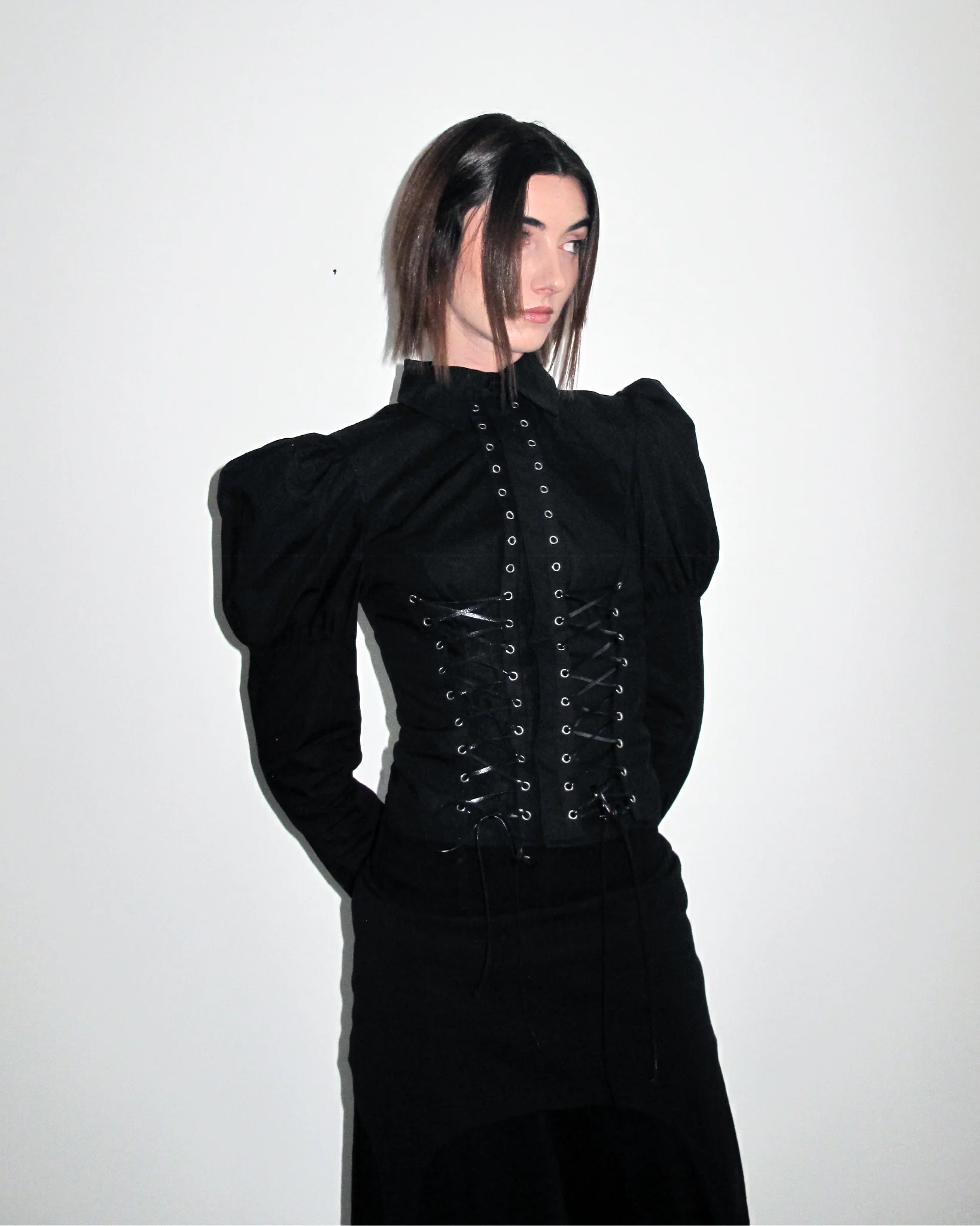 MORE Gothic Lace-Up Puff Sleeve Shirt – Black - Image 3
