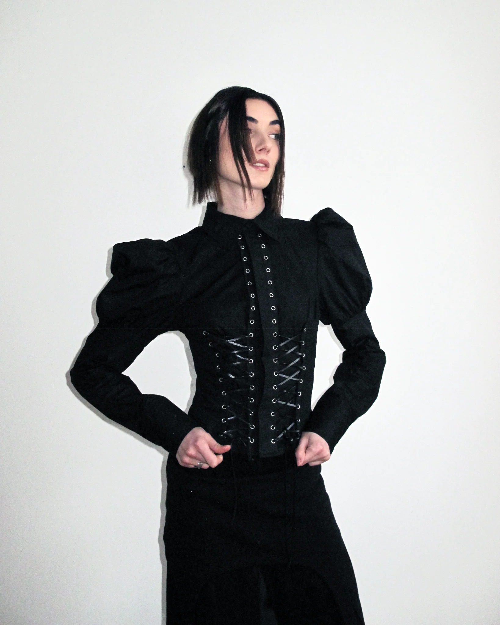 MORE Gothic Lace-Up Puff Sleeve Shirt – Black - Image 4