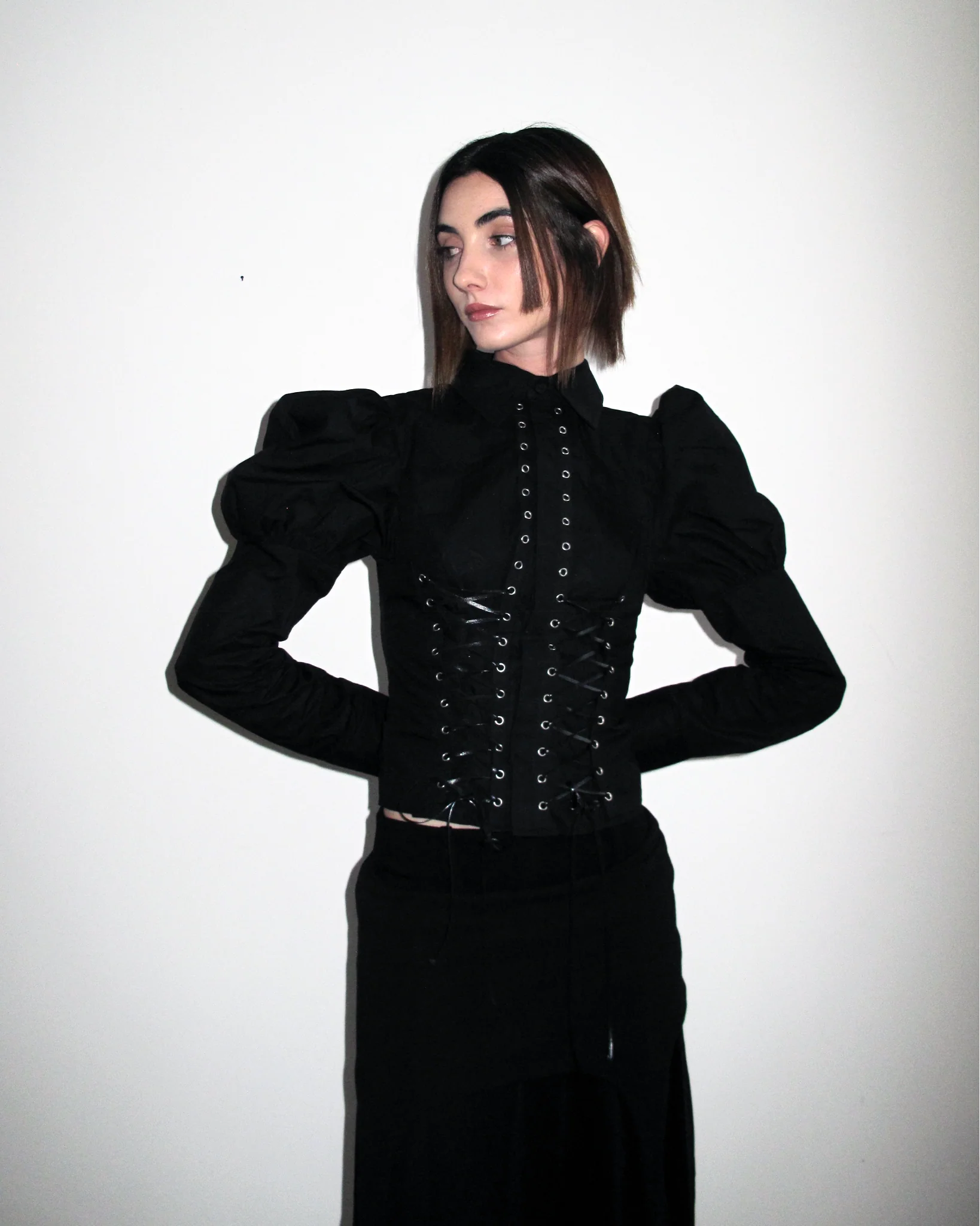 MORE Gothic Lace-Up Puff Sleeve Shirt – Black - Image 5