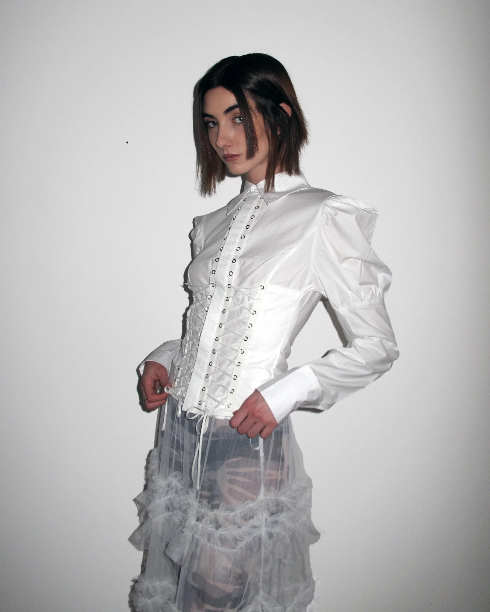 MORE Gothic Lace-Up Puff Sleeve Shirt – White - Image 4