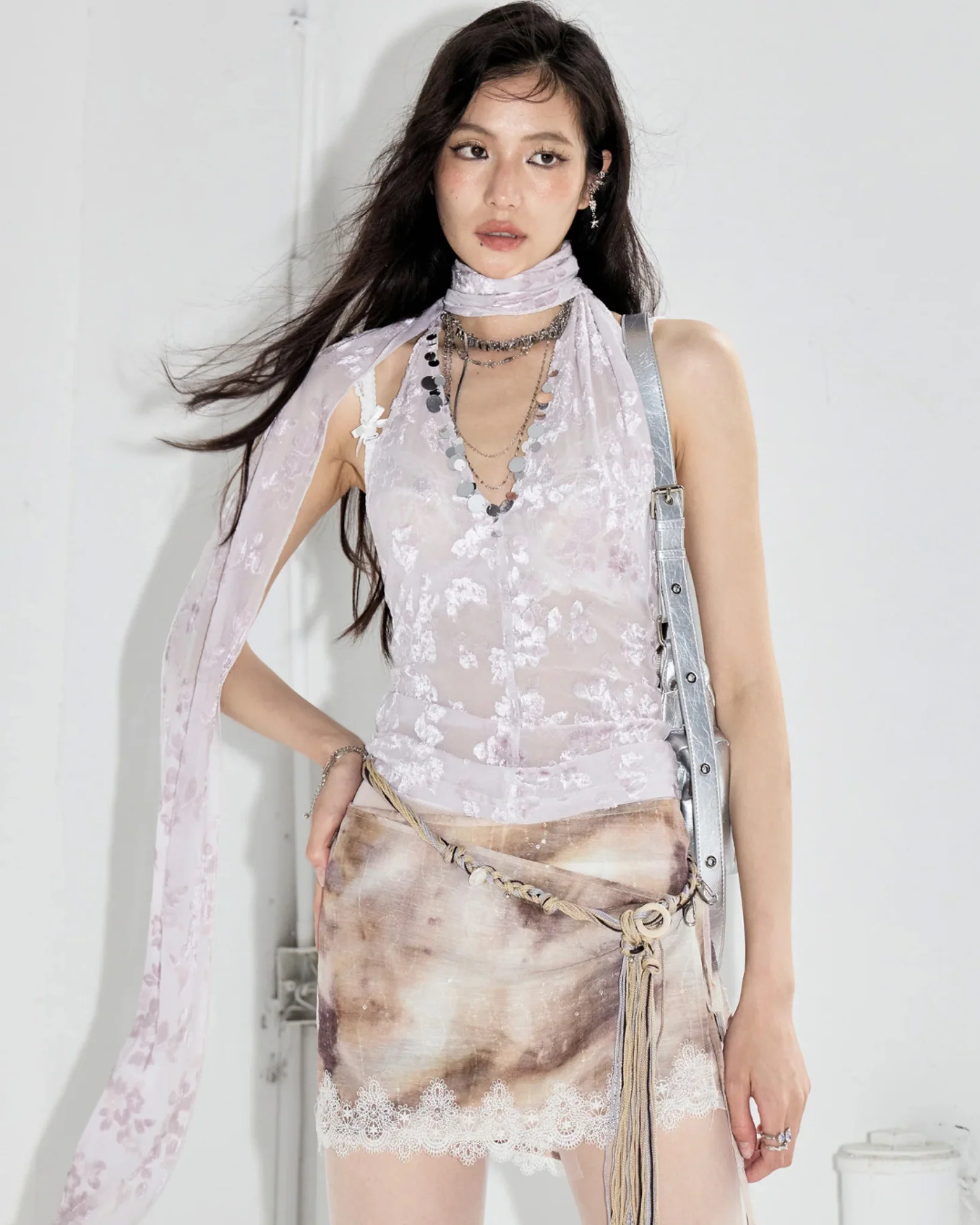 VIOLET Sheer Floral Top with Scarf Detail - Image 5